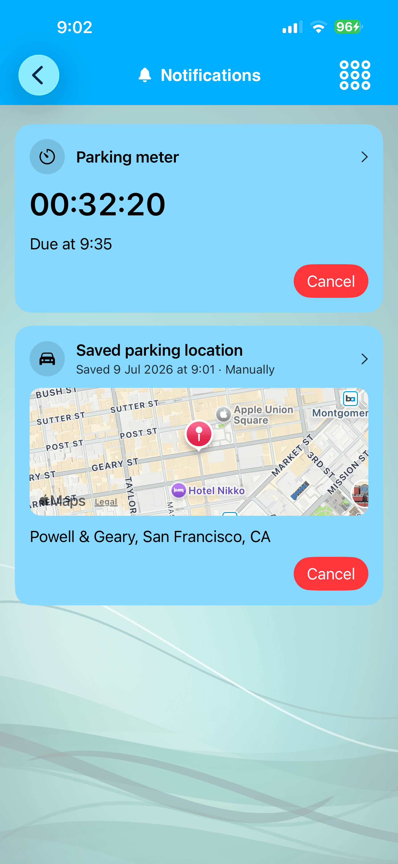 Active parking meter and saved parking location