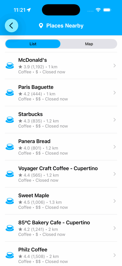 Places nearby List results